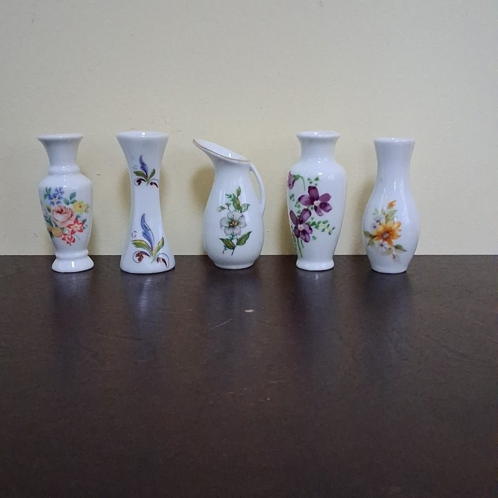 Miniature Vases - Set Of 5 With Floral Designs with one bonus blue vase